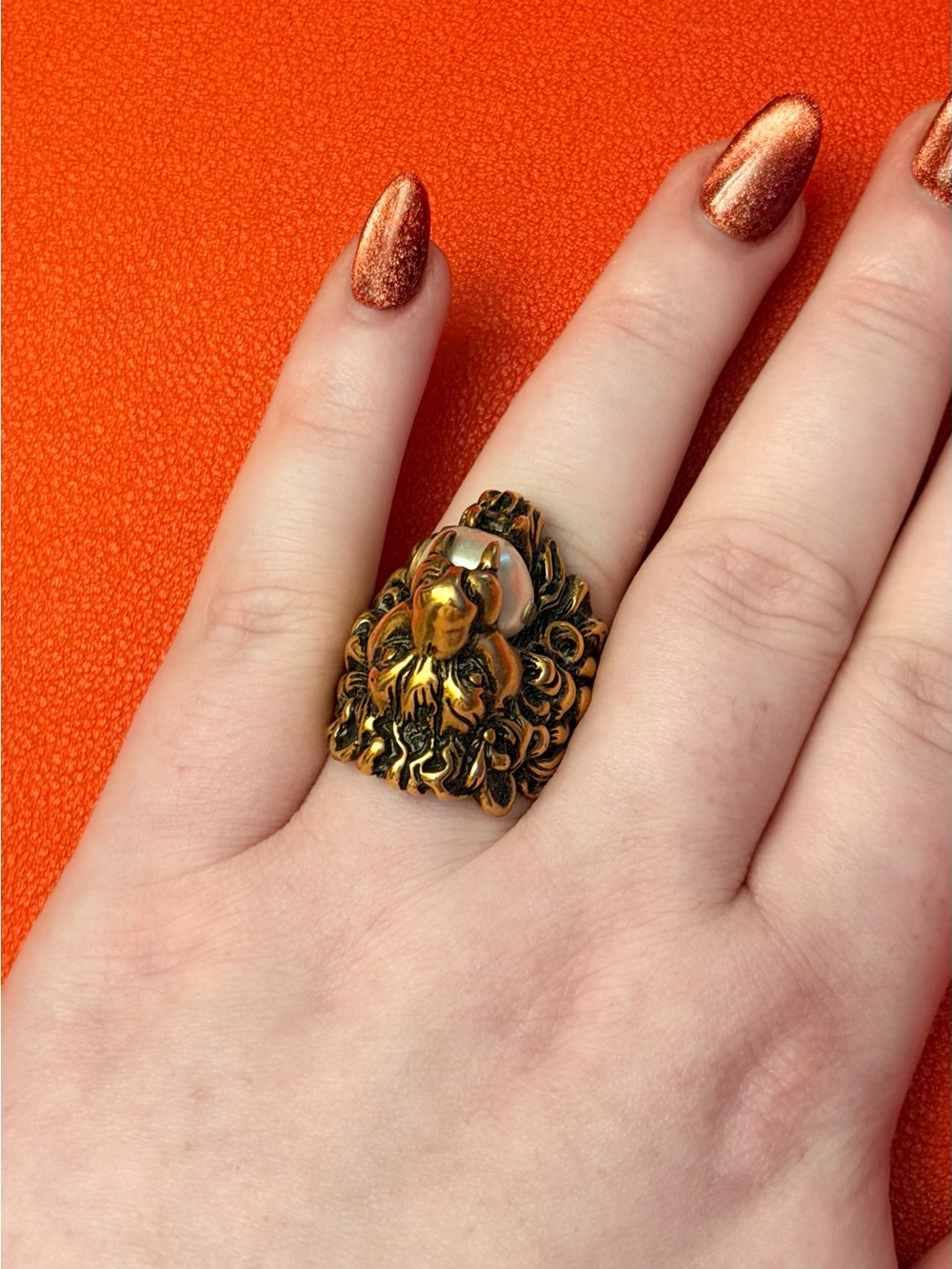 Gucci Gold Lion Head Statement Ring with Pearl Accent - Women Jewelry - Picture 4 of 7
